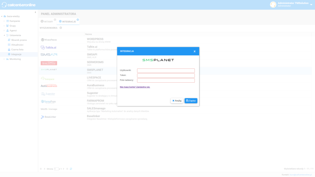 Panel integracji z SMSPLANET