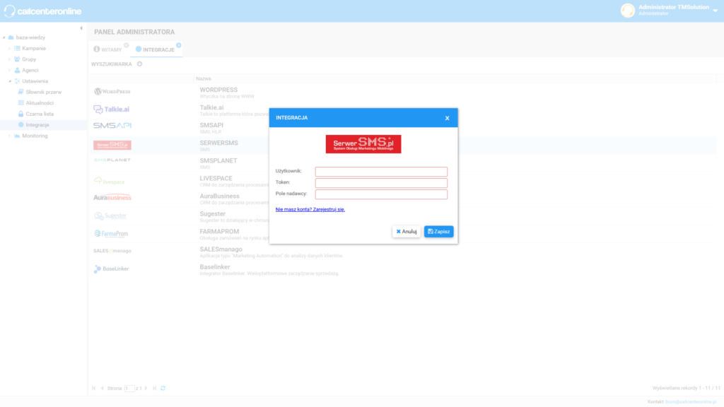 Okno integracji z SerwisSMS.pl
