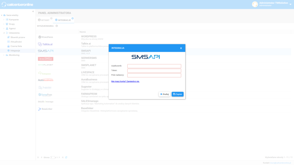 Ekran integracji z SPSAPI