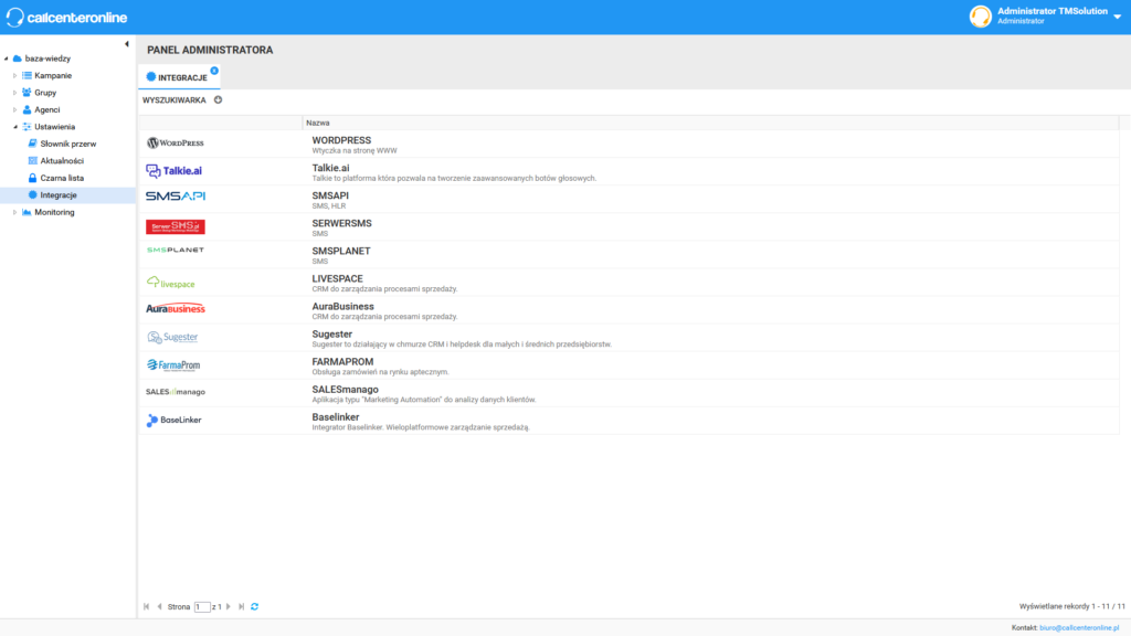 Sekcja integracje w zakładce ustawienia
