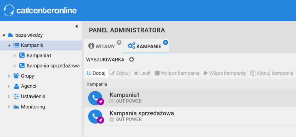 Panel kampanii dostępny dla administratora, z zaznaczoną opcją dodania nowej kampanii