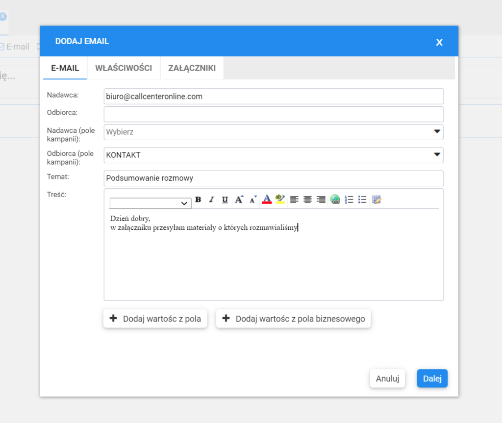 Formularz dodania Email