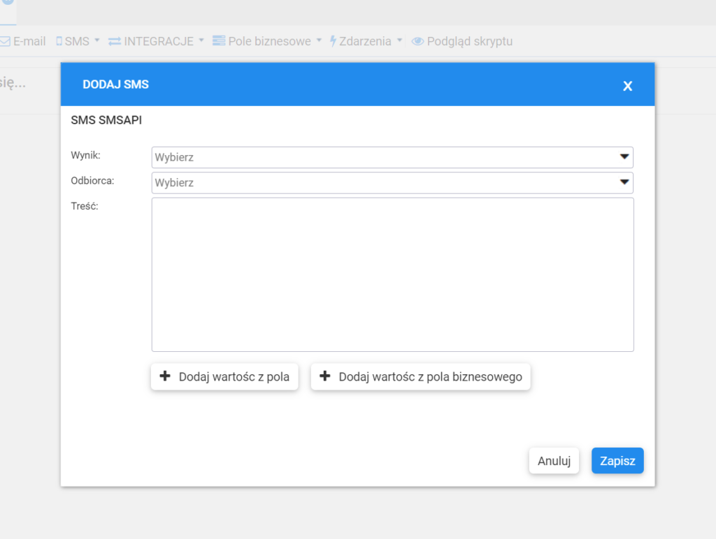 Formularz dodania SMS w skrypcie