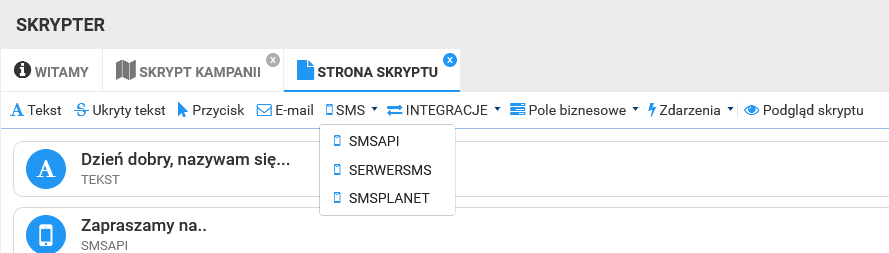 Wybór integracji w skrypterze