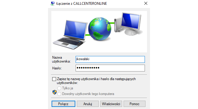 Wpisywanie danych uwierzytelniających w czasie zestawiania połączenia VPN PTTP